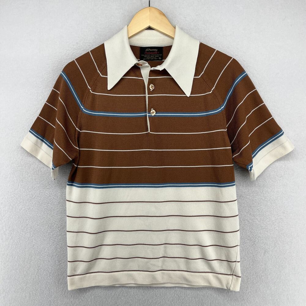 JC PENNEY Sweater Mens M Coleseta Polo Striped Colorblock Golf Brown VTG